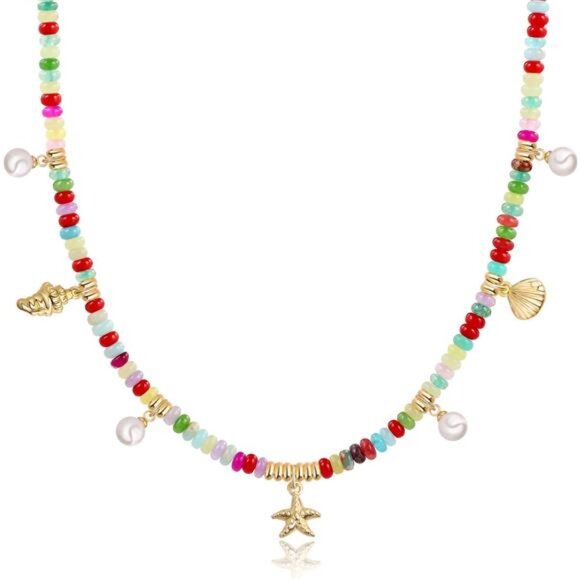 Jewelry - Colorful Beaded Charm Necklace | 14K Gold Seashell Pearl Pendant .